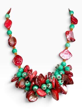 Chunky Red Shell and Teal Beaded Statement Clusters Bib Necklace